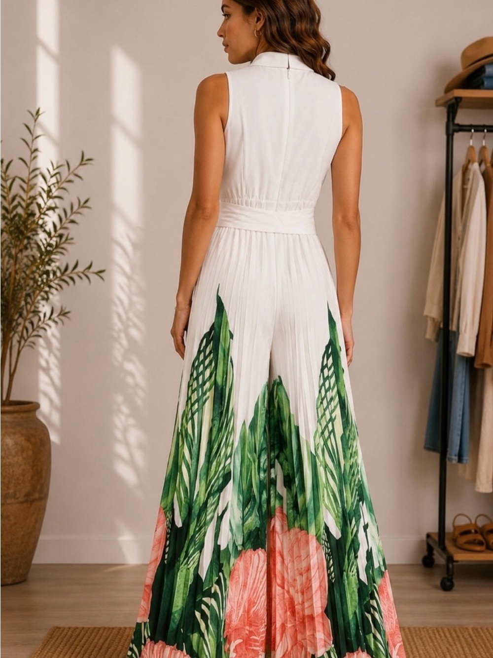 Sleeveless White Wrap Maxi Jumpsuit with Tropical Print wide leg - Picture 2 of 2